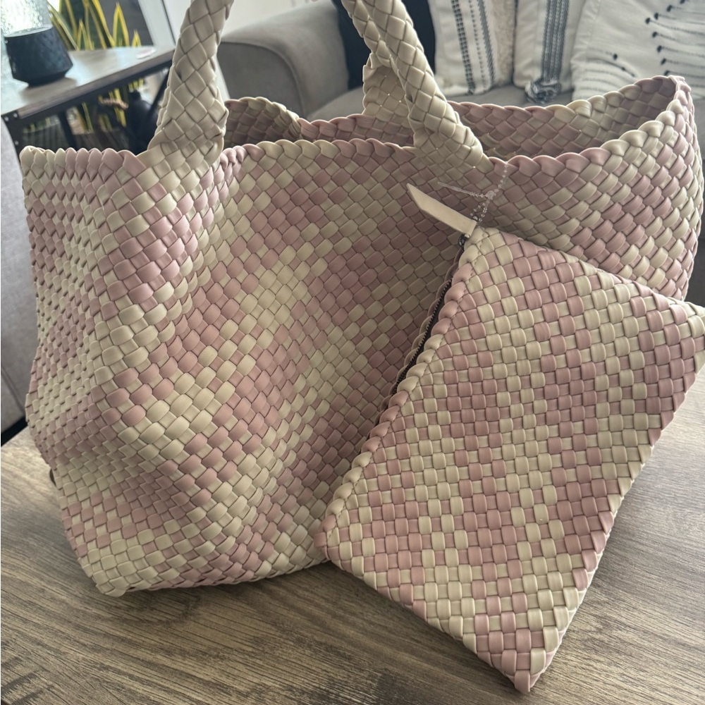Neghedi Chic Pink and Cream Woven Tote with Diamond Pattern